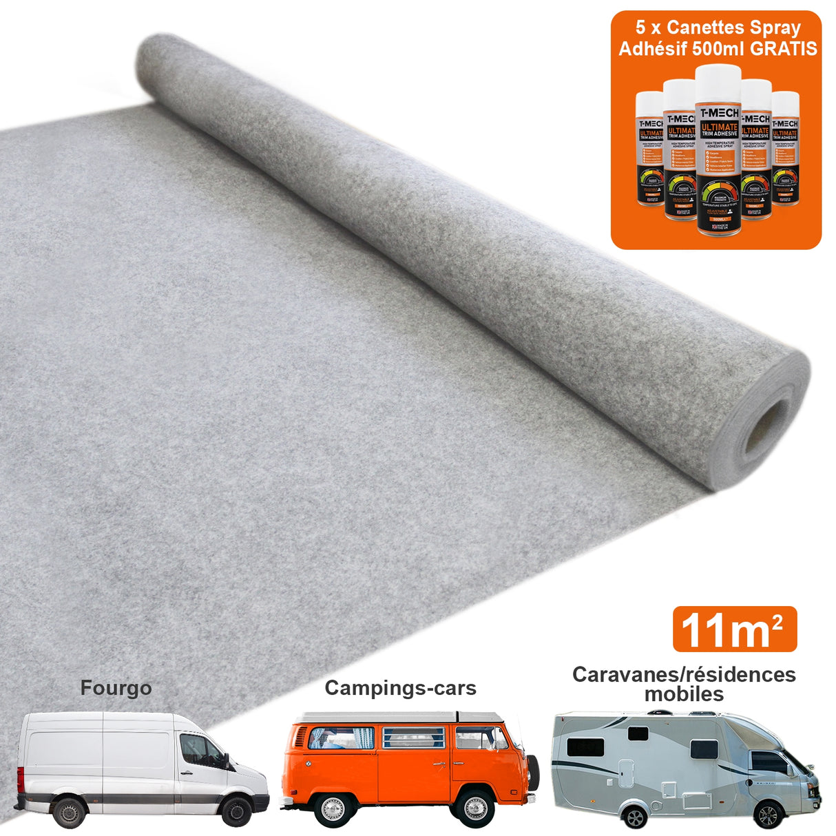 11 m² Forro de Alfombra de Furgoneta / Gris Plata y 5 Latas de Adhesivo