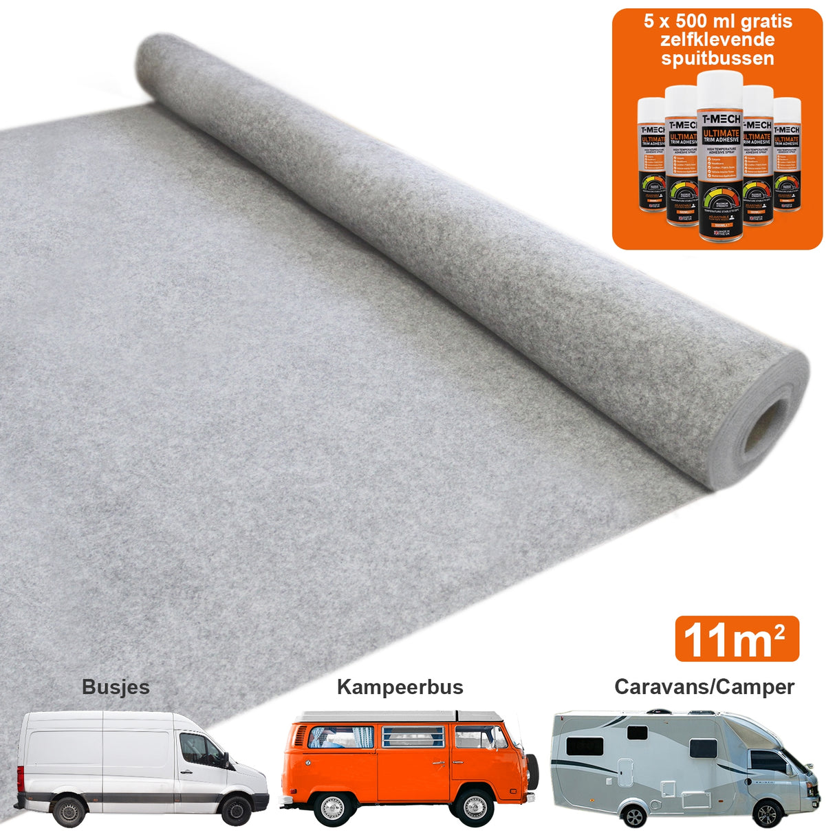 11 m² Forro de Alfombra de Furgoneta / Gris Plata y 5 Latas de Adhesivo