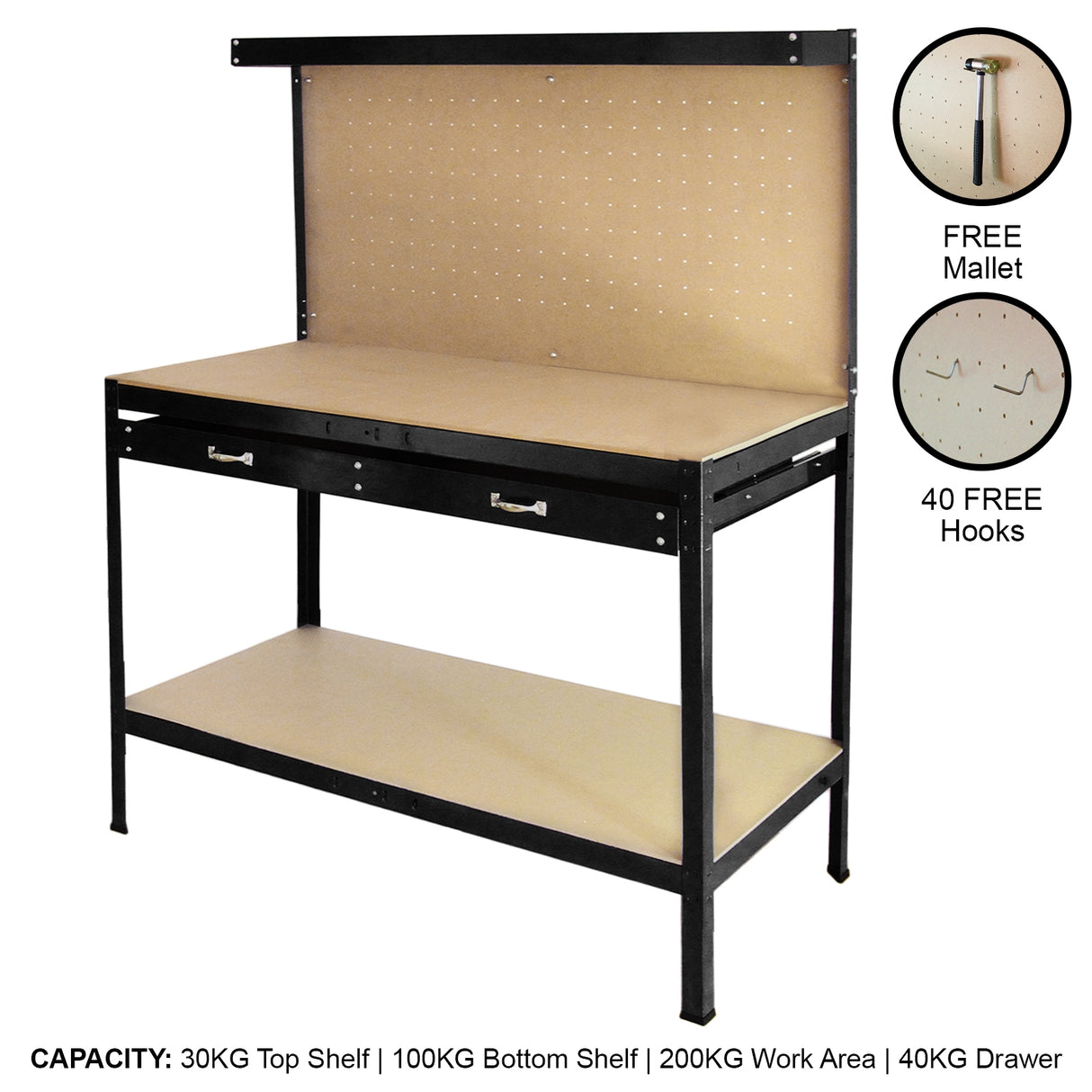 Banco de Trabajo Mesa de Trabajo Ganchos de Mesa Taller de Cajones Negro