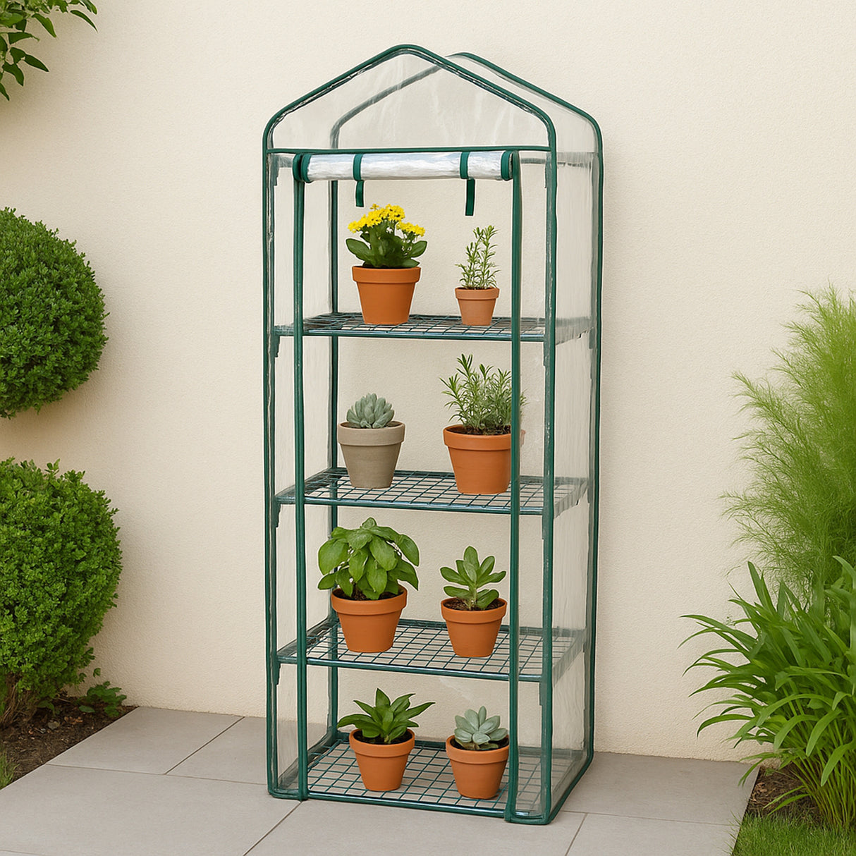 Invernadero 4 Niveles Cubierta de PVC Estantes Pequeños de Plástico Casa de Cultivo Jardín al Aire Libre