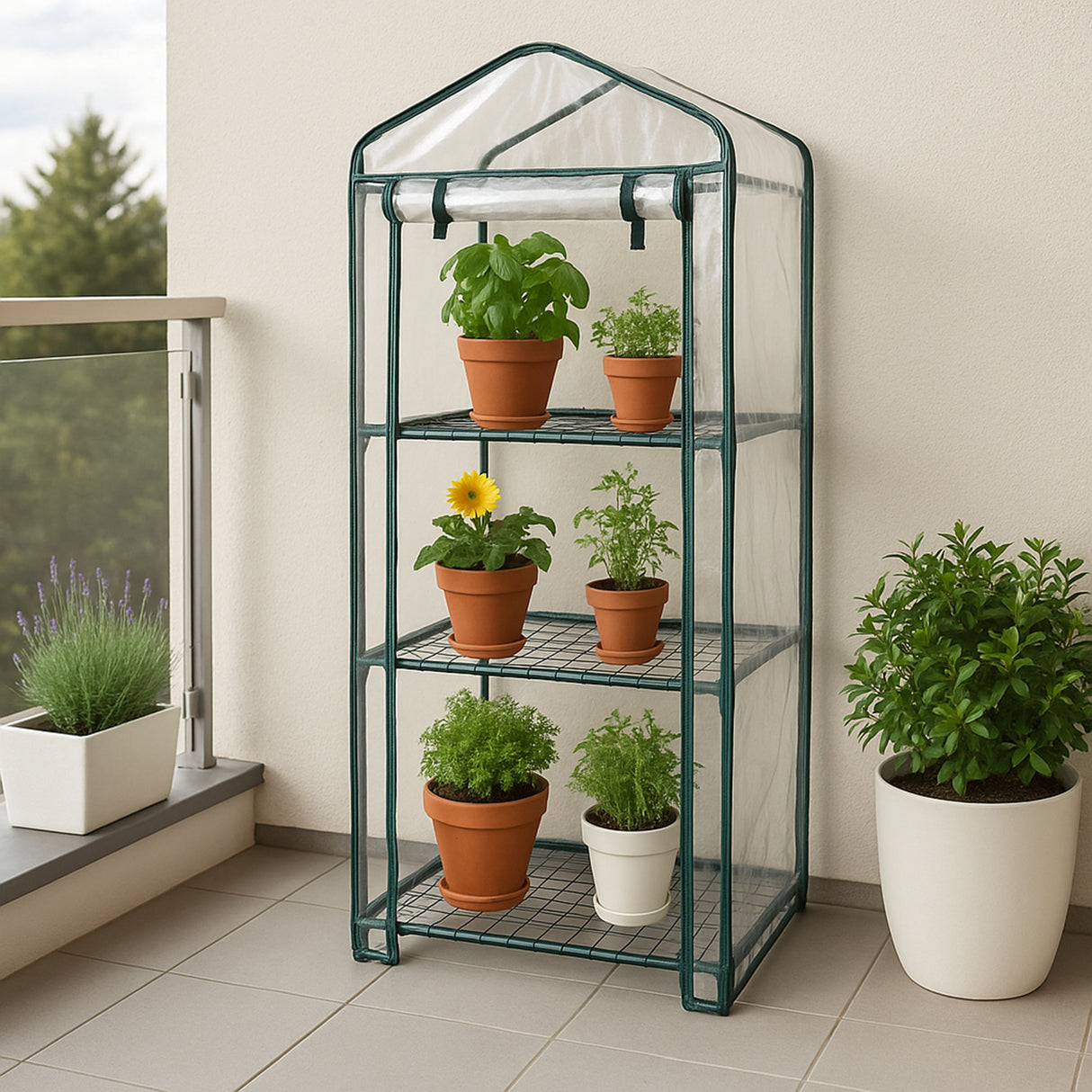 Invernadero 4 Niveles Cubierta de PVC Estantes Pequeños de Plástico Casa de Cultivo Jardín al Aire Libre