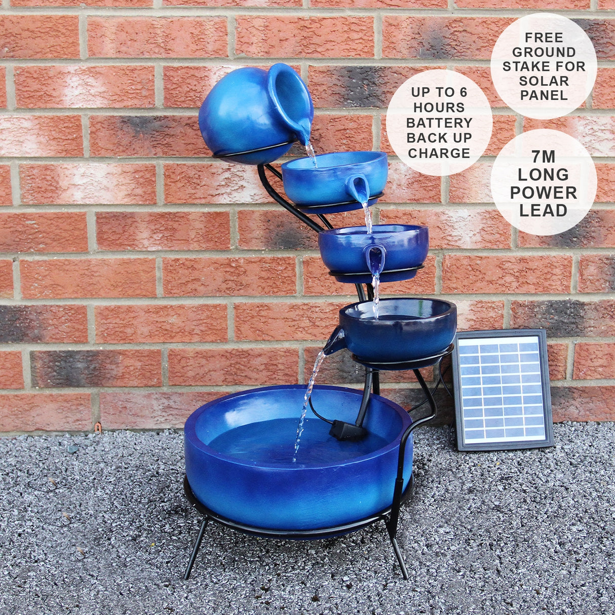 Fuente de Agua Azul con Energía Solar Jardín Cascada Patio Escalonado