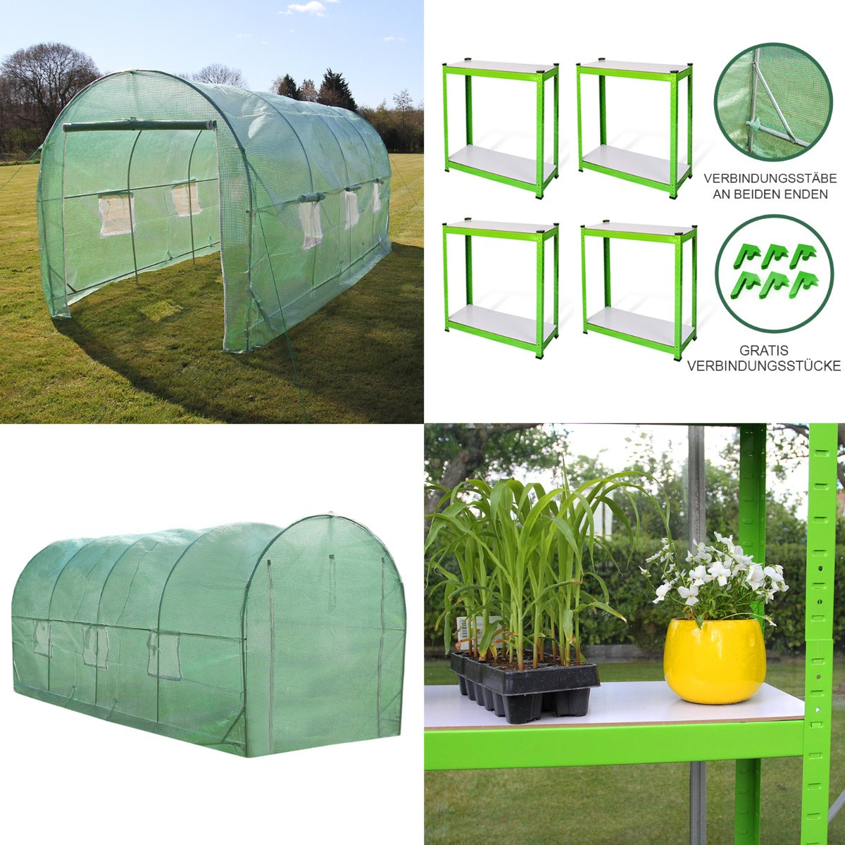 Invernadero Politúnel con Estantería Galvanizada de Jardín Carpa de Cultivo 19mm 5 x 2m