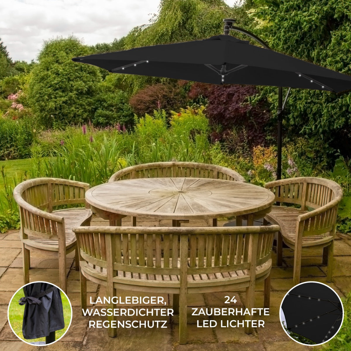 Sombrilla Voladiza de 3m con Luces LED - Negro