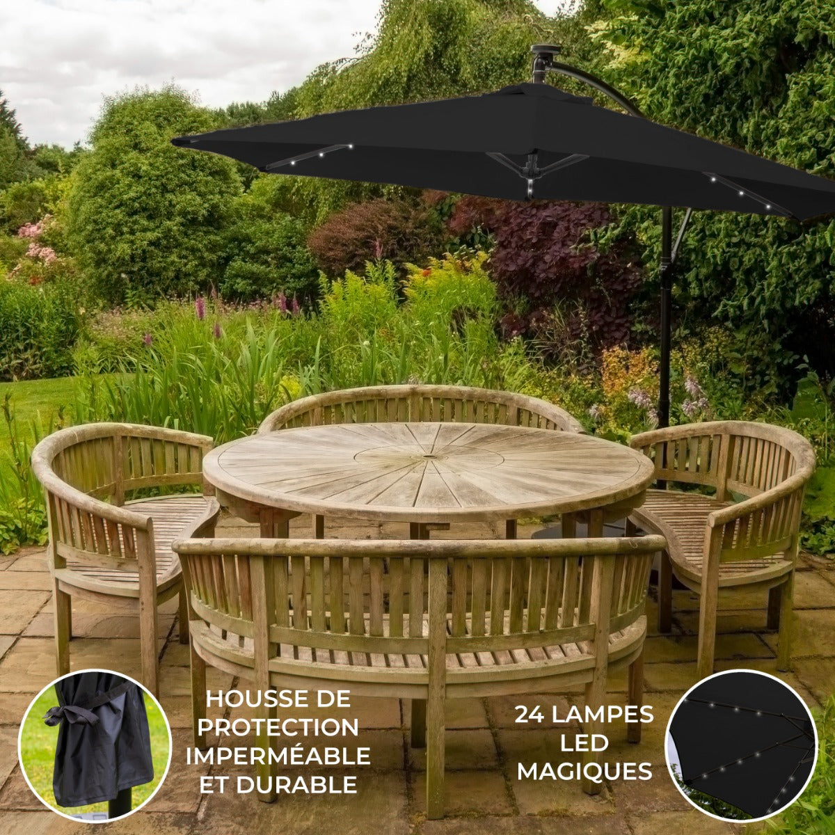 Sombrilla Voladiza de 3m con Luces LED - Negro