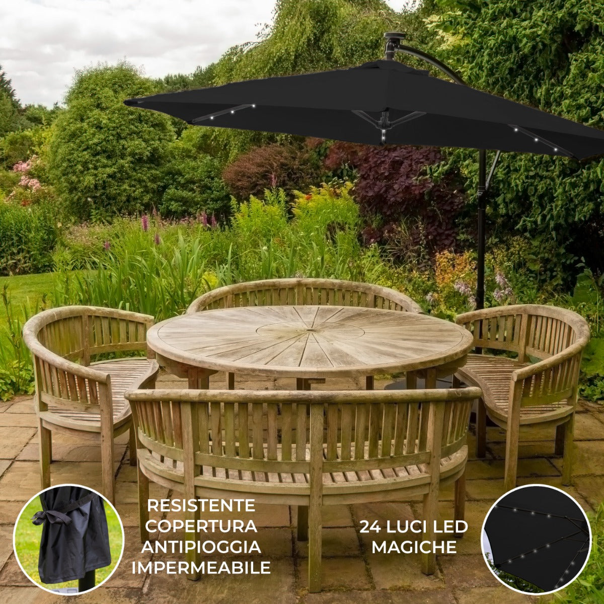 Sombrilla Voladiza de 3m con Luces LED - Negro