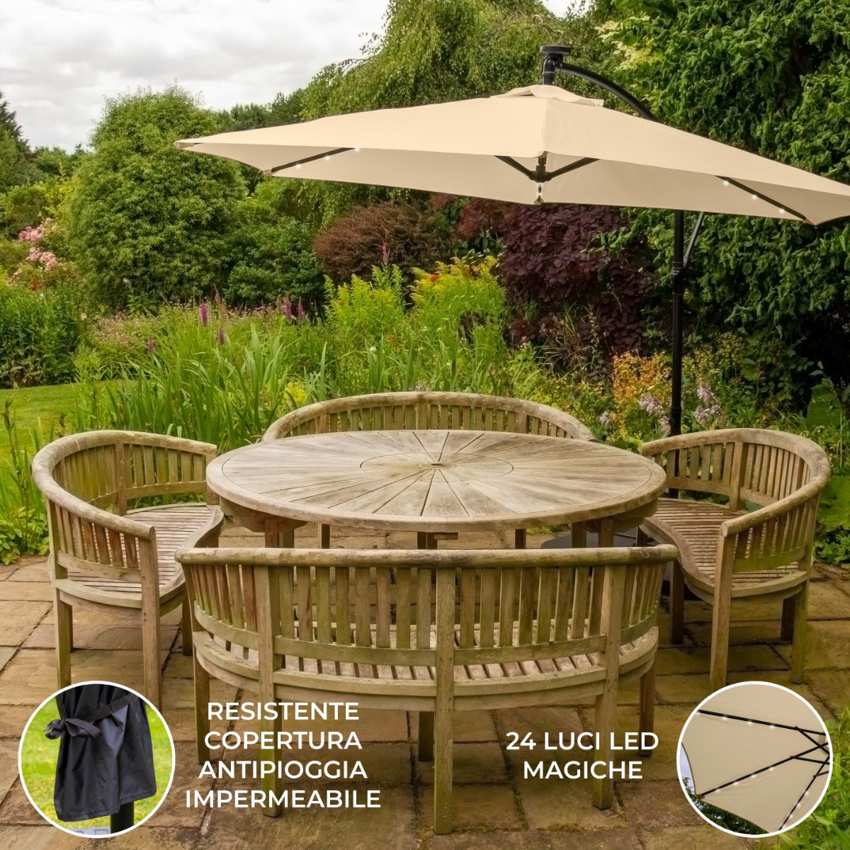 Sombrilla Voladiza de 3m con Luces LED - Beige