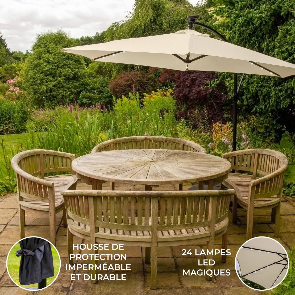 Sombrilla Voladiza de 3m con Luces LED - Crema