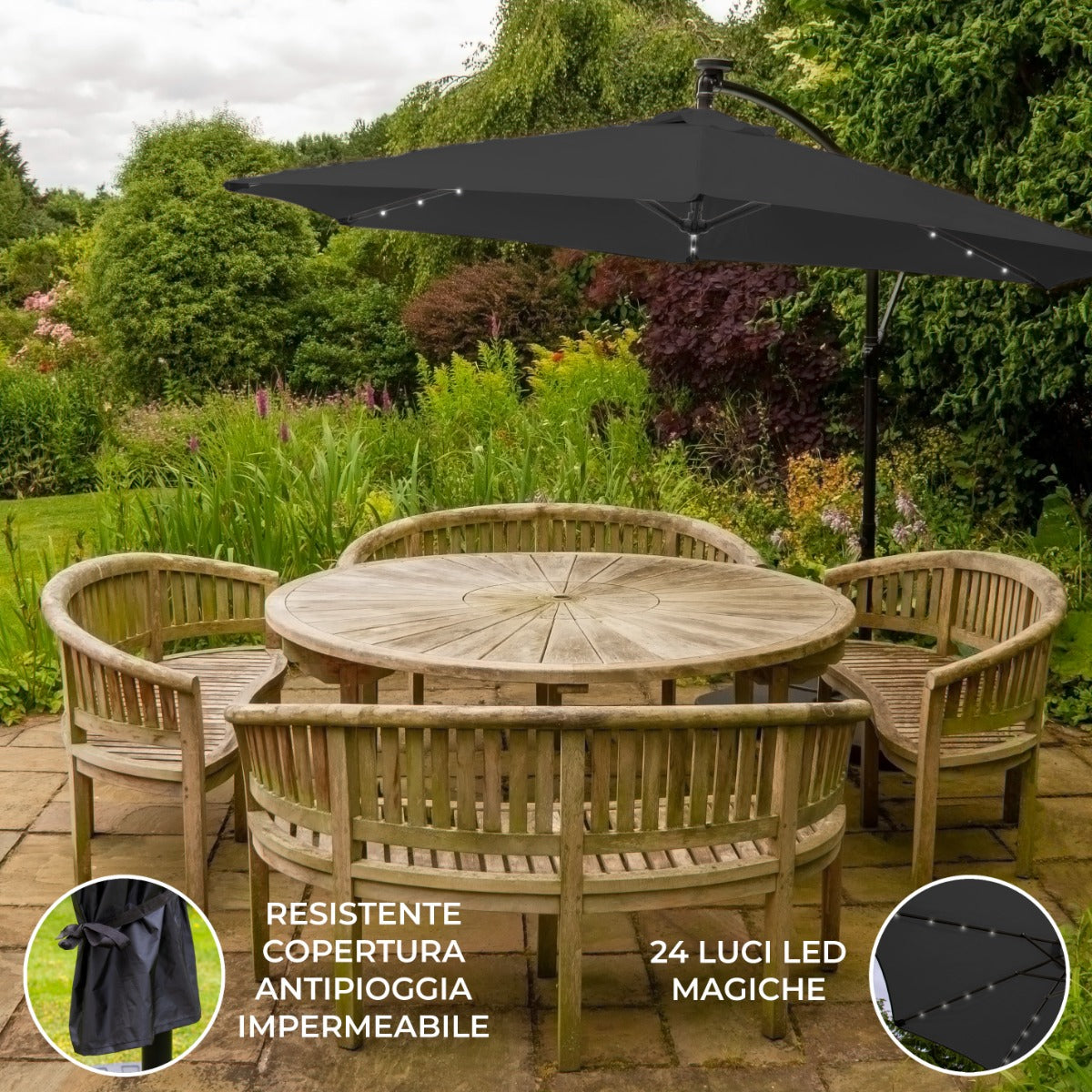 Sombrilla Voladiza de 3m con Luces LED - Gris