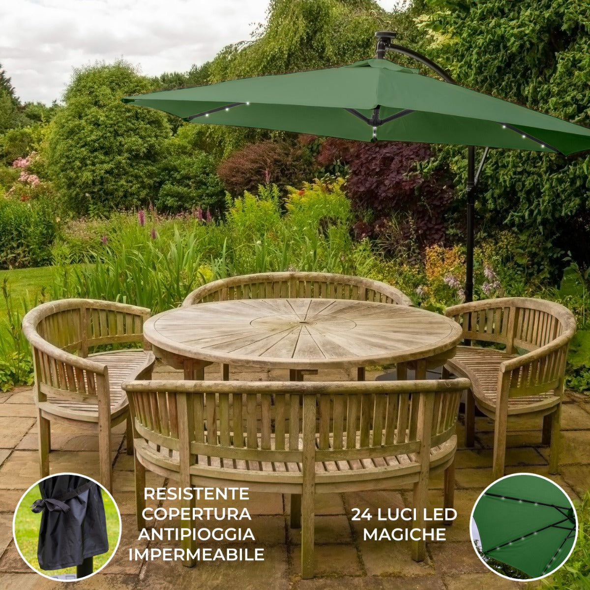 Sombrilla Voladiza de 3m con Luces LED- Verde