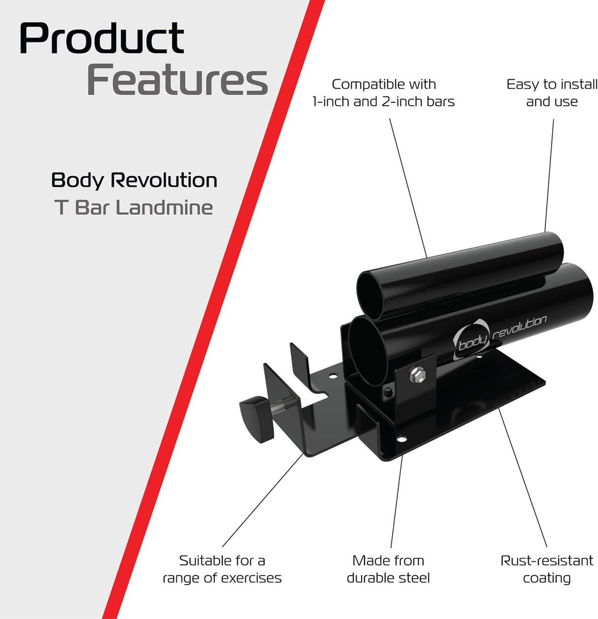 Soporte T-Bar Landmine Body Revolution en color negro, fabricado en acero duradero, ideal para ejercicios variados y fácil de instalar