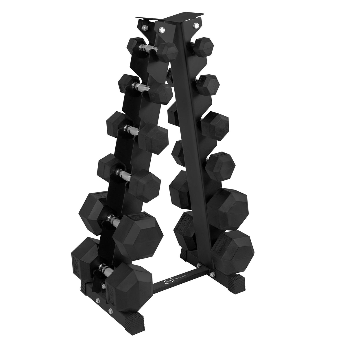 Rack de mancuernas de 6 niveles en color negro, con pesas hexagonales de goma, diseño robusto y estructura estable para gimnasio