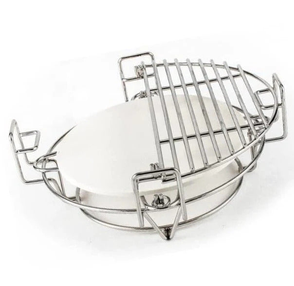 Parrilla multinivel de acero inoxidable para barbacoa Kamado, con diseño circular y superficie blanca, ideal para asar carnes y verduras