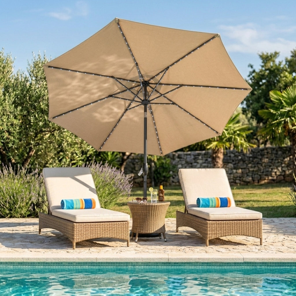 Parasol LED Inclinable 2,7 m con Base – Beige