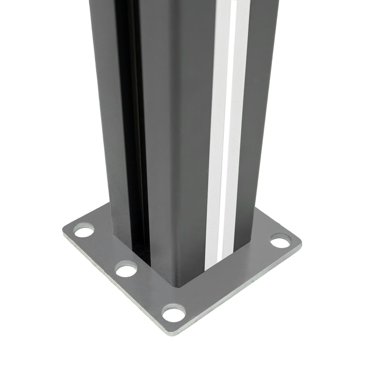 Poste de valla exterior en gris, con acabado de aluminio y detalles en blanco, diseñado para paneles de WPC, resistente y moderno