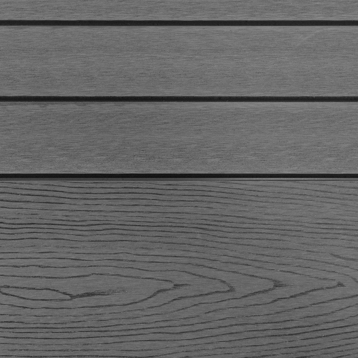 Panel de valla exterior de WPC y aluminio en color gris, con textura de madera y líneas horizontales que aportan elegancia