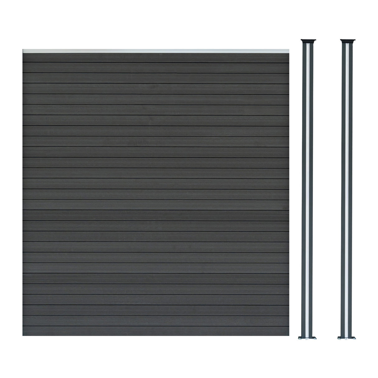 Panel de valla exterior de WPC gris con textura de madera y dos postes de aluminio en color gris, ideal para cercas modernas