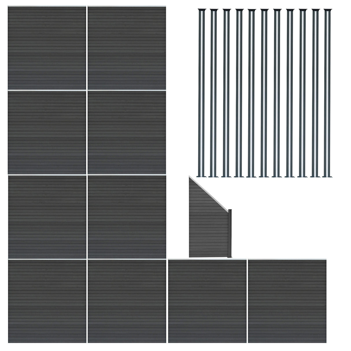 Vallas exteriores de WPC y aluminio en gris, incluyendo 10 paneles cuadrados, 1 panel oblicuo y 11 postes con LED integrados