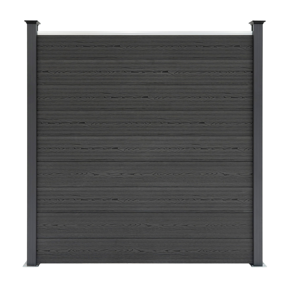 Valla exterior de WPC y aluminio en color gris, con paneles cuadrados y postes con iluminación LED, superficie texturizada y moderna