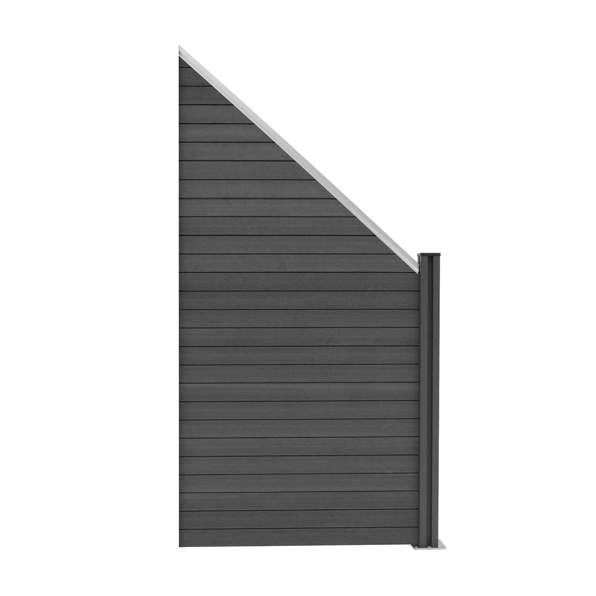 Valla exterior de WPC y aluminio en color gris, con paneles cuadrados y un diseño oblicuo, ideal para cercas modernas y elegantes