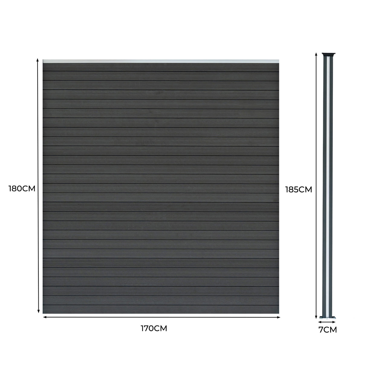 Valla exterior de WPC y aluminio en color gris, con paneles horizontales y postes, ideal para cercas y delimitaciones de espacios