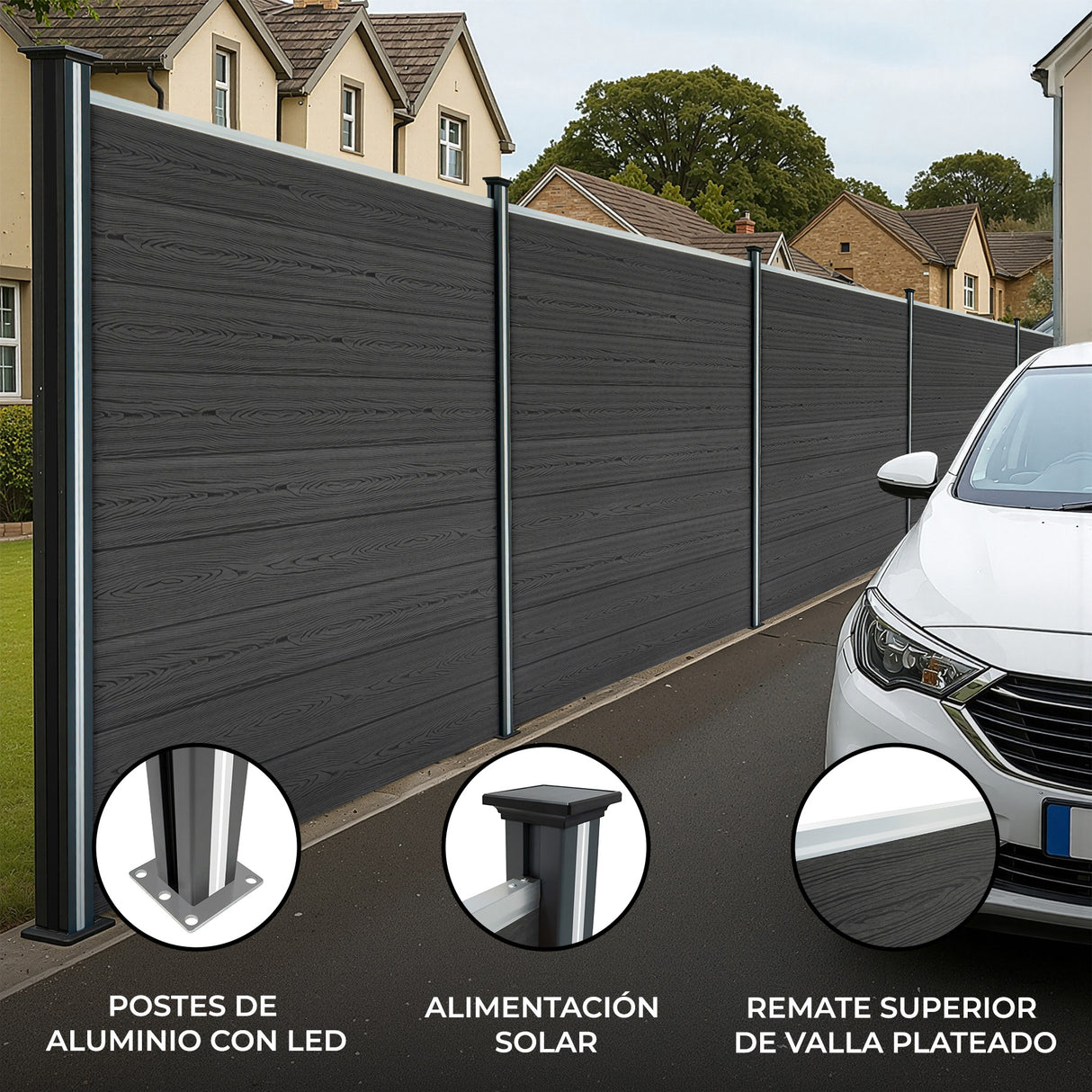 Vallas exteriores de WPC y aluminio en gris, con postes de aluminio, iluminación LED y remate superior plateado, ideal para privacidad