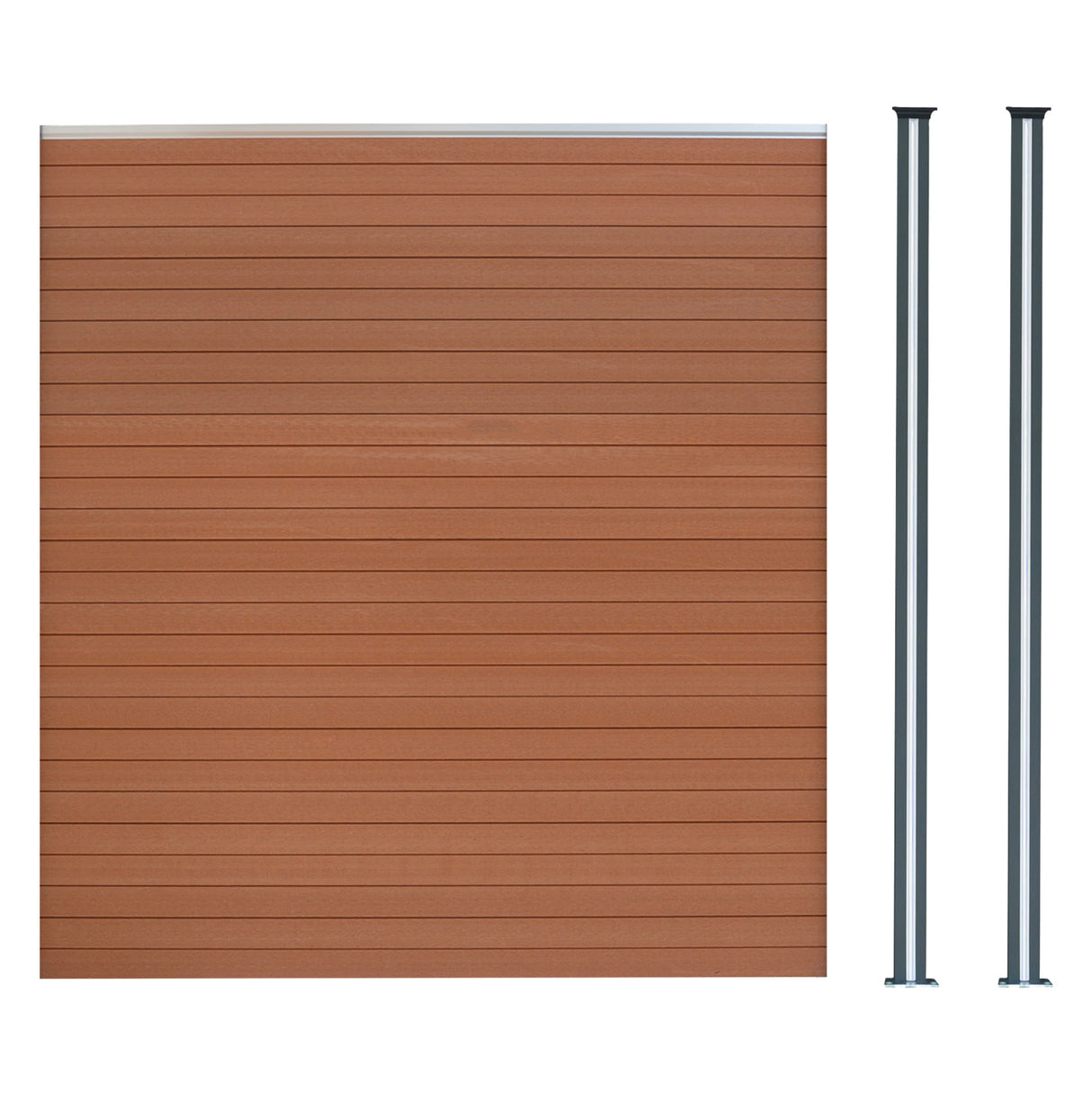 Panel de valla exterior de WPC marrón con textura de madera, acompañado de dos postes de aluminio gris, ideal para cercas decorativas