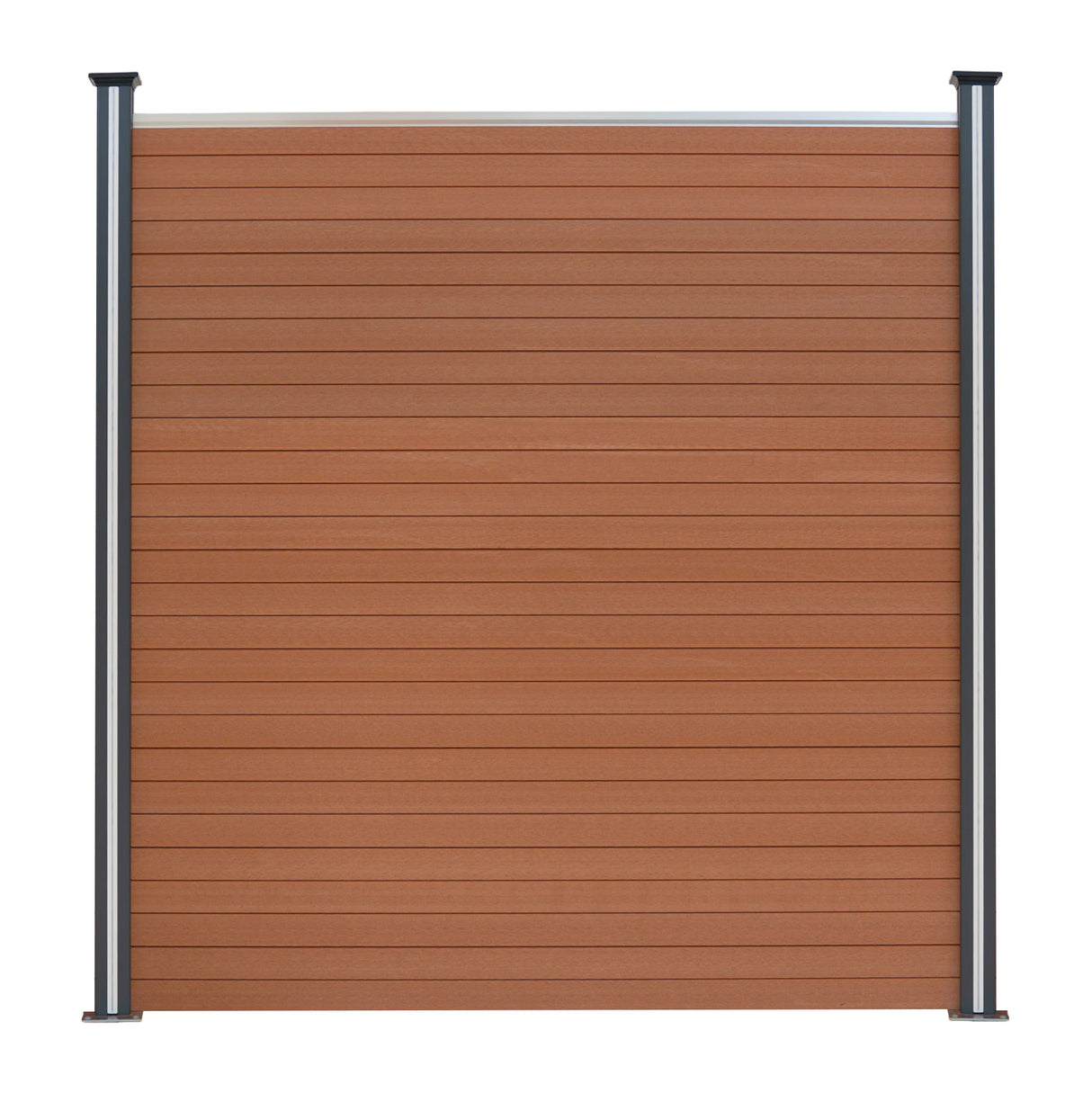 Panel de valla exterior de WPC y aluminio en color marrón, con textura de madera y postes metálicos oscuros a los lados