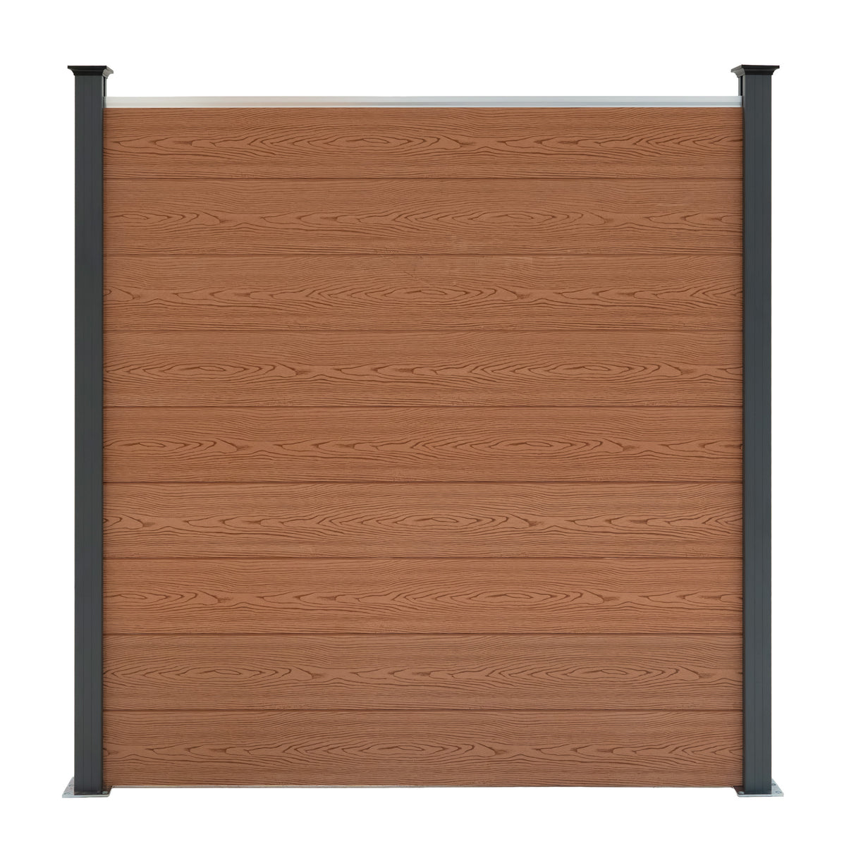 Panel de valla exterior de WPC marrón con textura de madera, flanqueado por dos postes de aluminio negro, diseño moderno y resistente