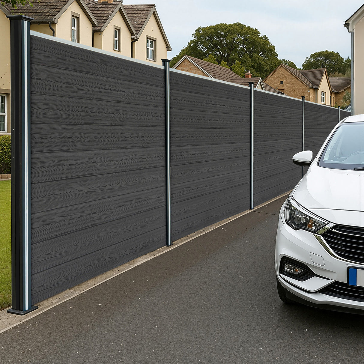 Vallas para exteriores de WPC y Aluminio - 1x Panel Cuadrado + 1x Oblicuo + 2x Postes con LED | Gris