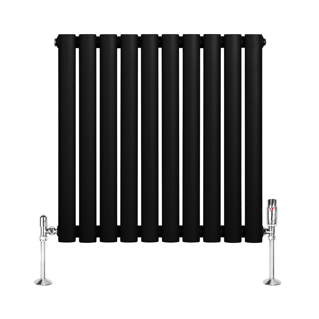 Radiador de columna ovalado negro de 600 mm x 600 mm con válvulas, acabado mate y diseño moderno, ideal para calefacción eficiente