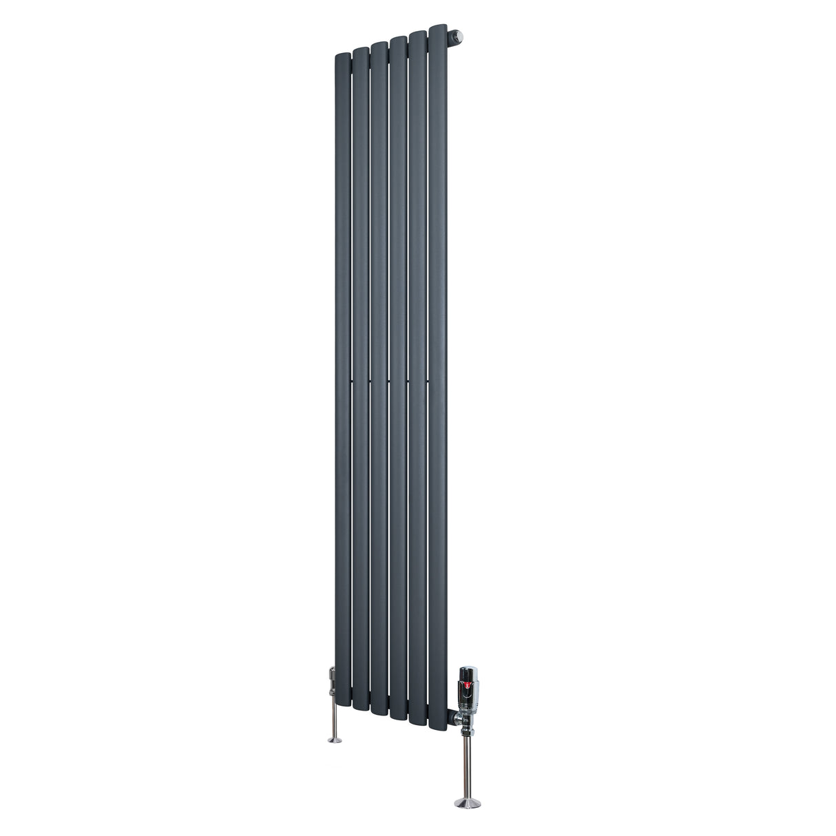Radiador de columna ovalado en gris antracita, con diseño vertical y válvulas, mide 1600 mm de alto y 360 mm de ancho