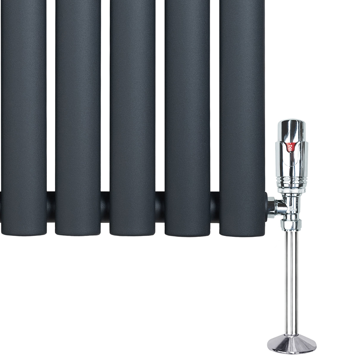Radiador de columna ovalado en gris antracita, con válvula cromada brillante, diseño elegante y moderno, ideal para cualquier espacio