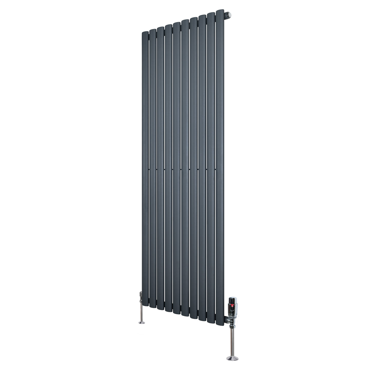 Radiador de columna ovalado en gris antracita, con diseño moderno y válvulas, mide 1600 mm de alto y 600 mm de ancho