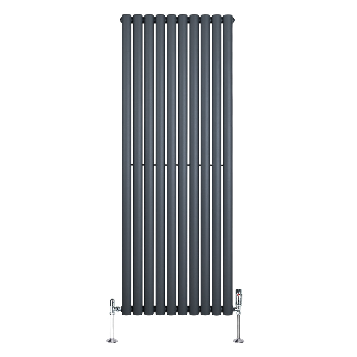 Radiador de columna ovalado en gris antracita, con diseño vertical y válvulas, mide 1600 mm de alto y 600 mm de ancho