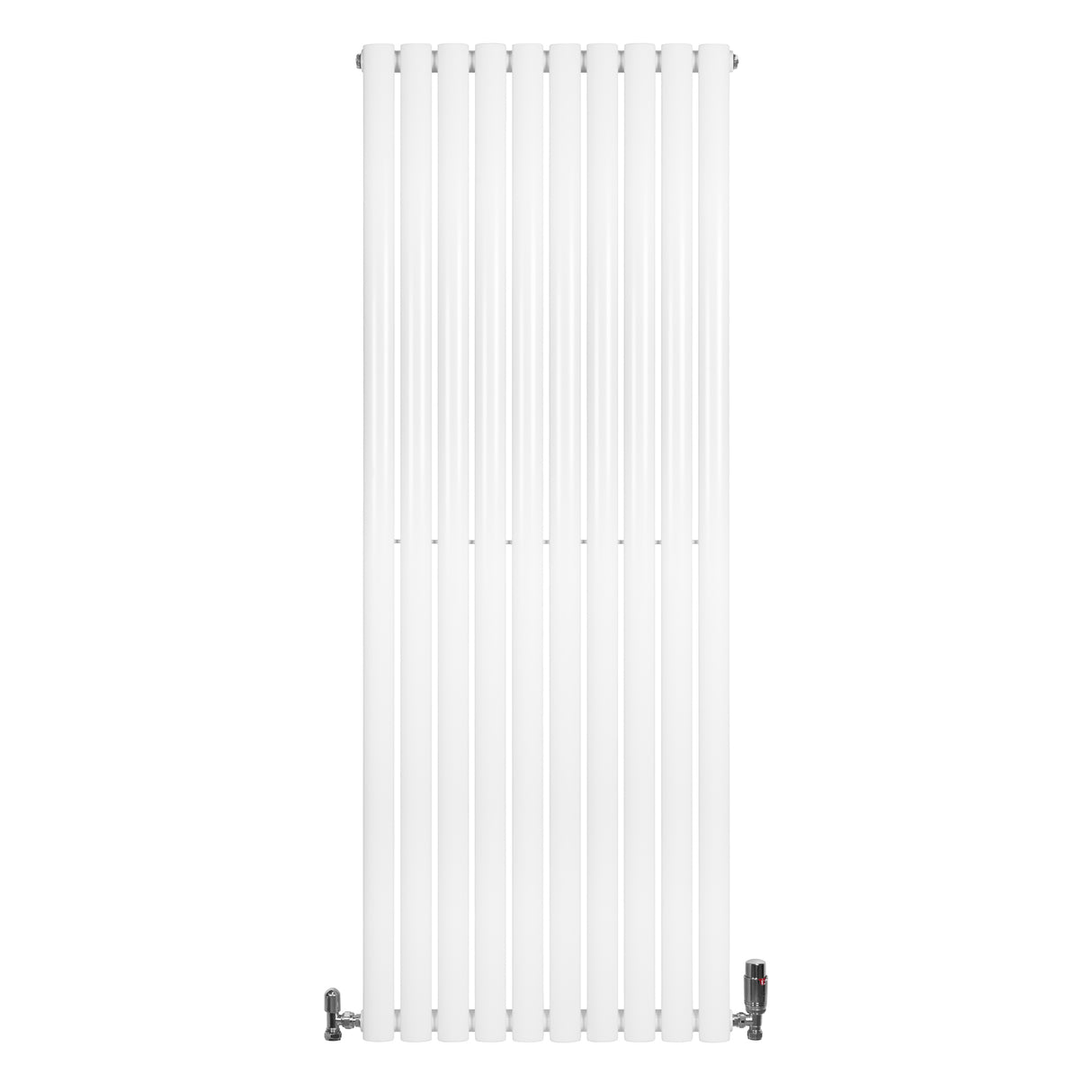Radiador de columna ovalado en color blanco, con diseño vertical y válvulas en la parte inferior, mide 1600 mm x 600 mm