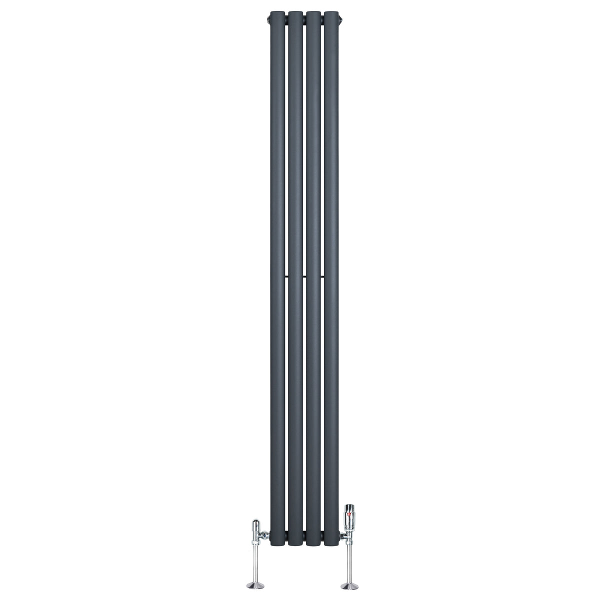 Radiador de columna ovalado en gris antracita, con válvulas, mide 1800 mm de alto y 240 mm de ancho, diseño moderno y elegante