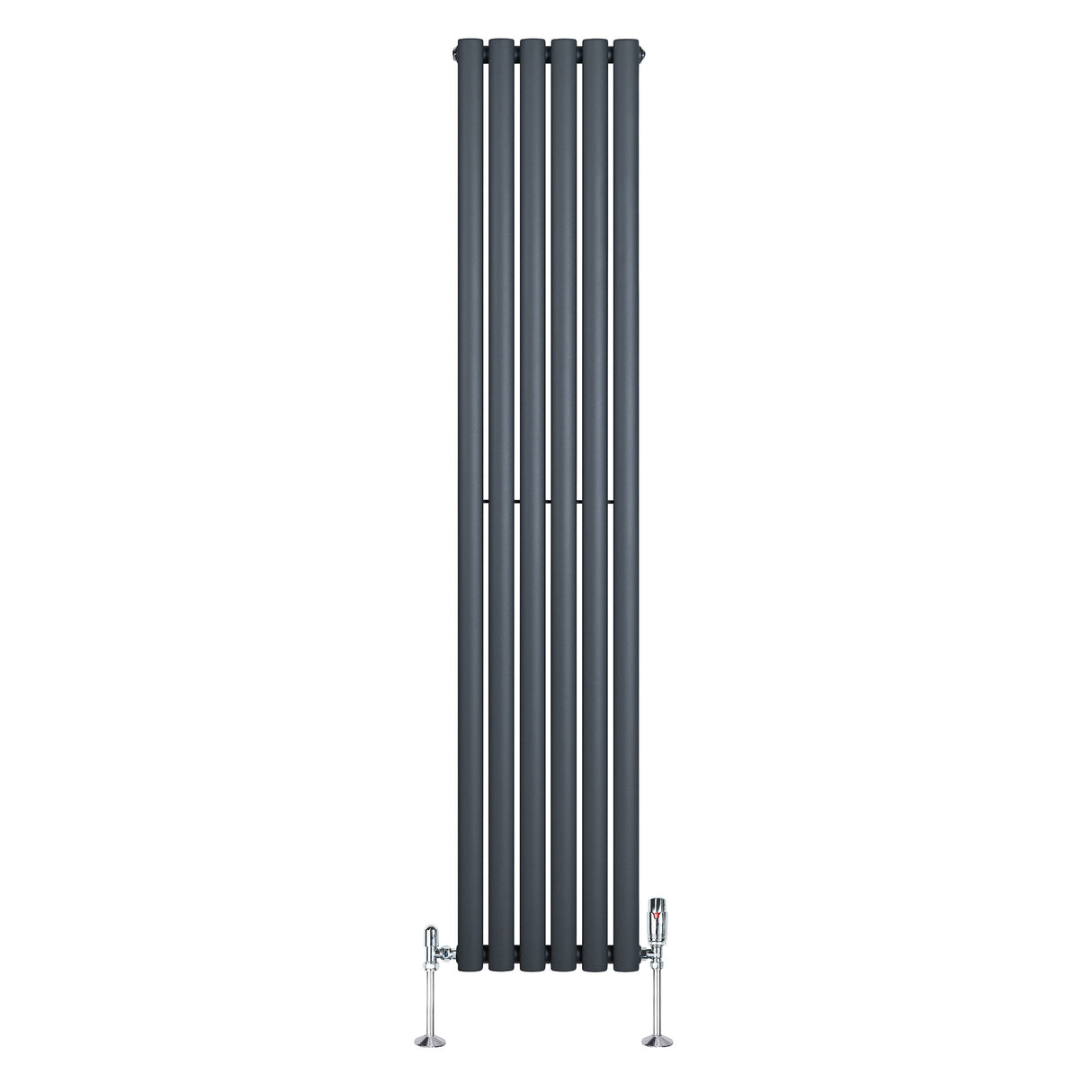 Radiador de columna ovalado en gris antracita, con diseño vertical y válvulas, mide 1800 mm de altura y 360 mm de ancho
