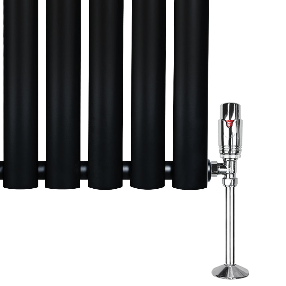 Radiador de columna ovalado negro de 1800 mm x 360 mm con válvulas brillantes, diseño moderno y acabado liso y elegante