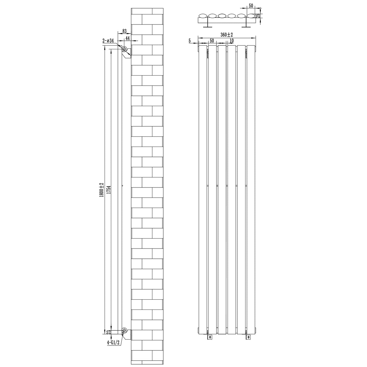 Radiador de columna ovalado blanco de 1800 mm x 360 mm, con diseño elegante y válvulas, ideal para calefacción eficiente