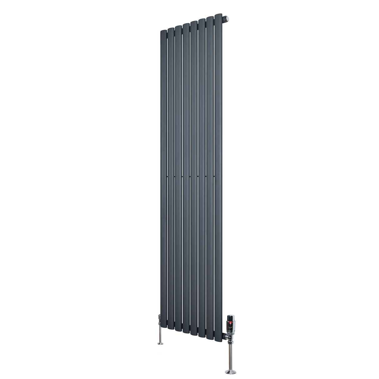 Radiador de columna ovalado en gris antracita, con diseño vertical, medidas 1800 mm x 480 mm y válvulas en la base