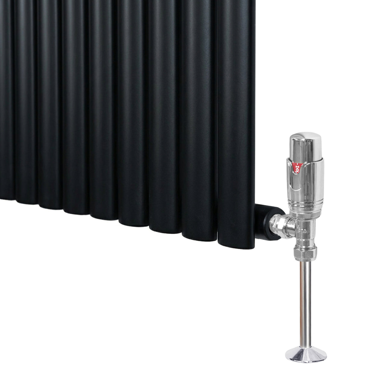 Radiador de columna ovalado negro de 1800 mm x 480 mm con válvulas brillantes y acabado liso, ideal para calefacción moderna