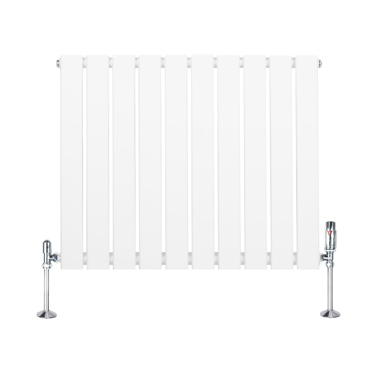 Radiador plano de columna simple en color blanco, con válvulas cromadas y diseño moderno, ideal para calefacción eficiente