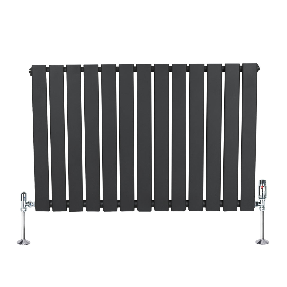 Radiador plano de columna simple en gris antracita, con diseño de lamas verticales y válvulas cromadas en ambos lados