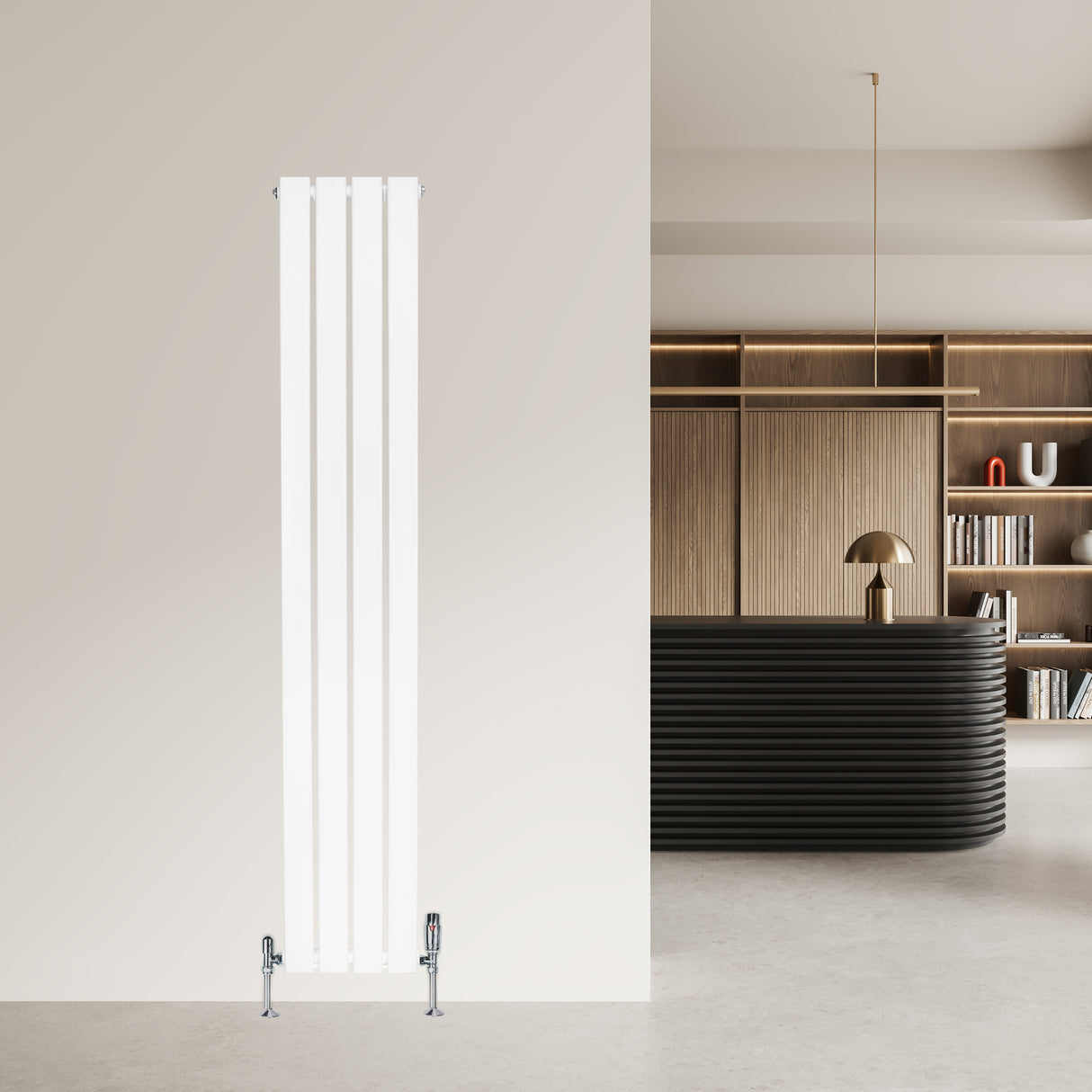 Radiador plano de columna simple en color blanco, con válvulas, de 1600 x 280 mm, instalado en un ambiente moderno y minimalista