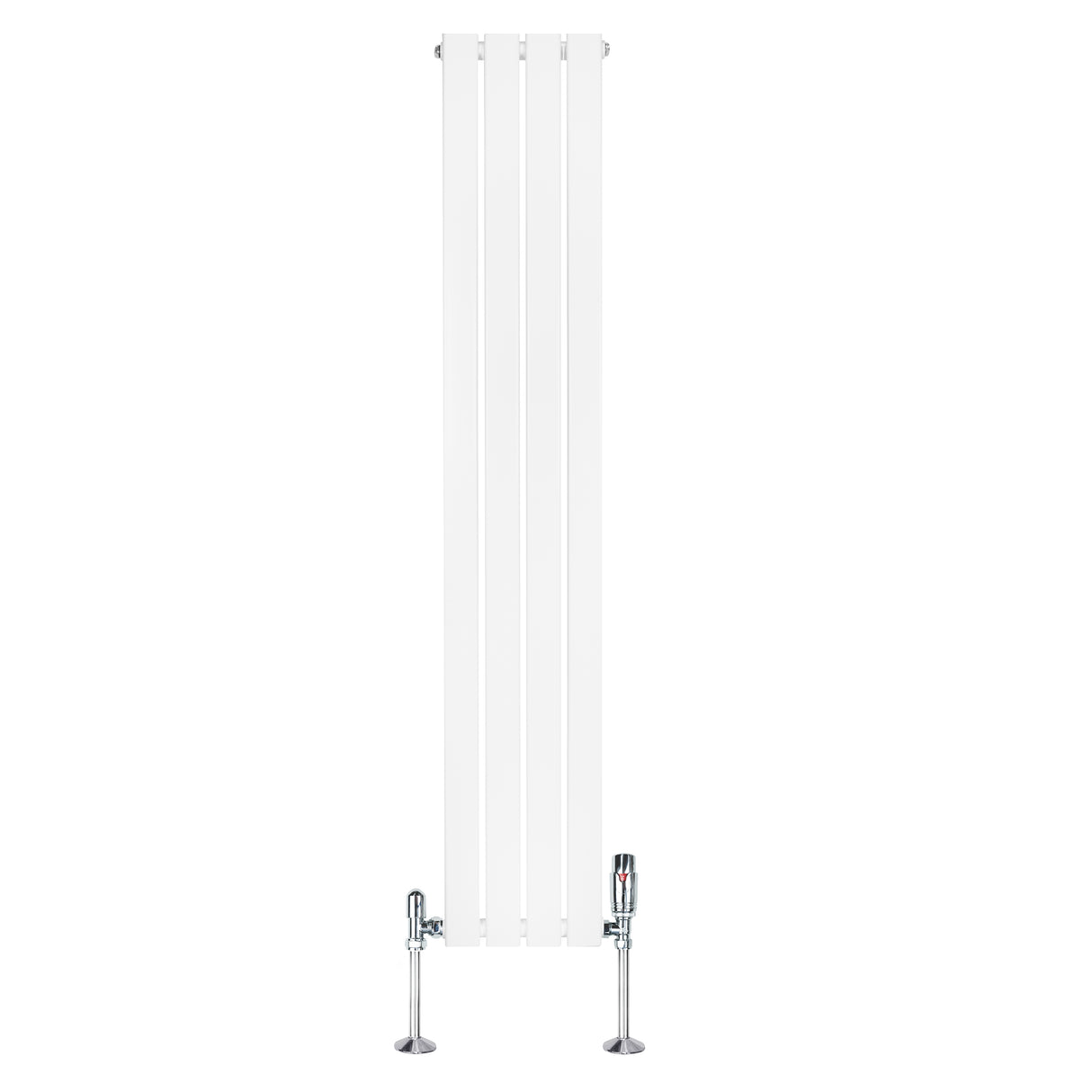 Radiador plano de columna simple en color blanco, con diseño vertical y válvulas cromadas, mide 1600 x 280 mm