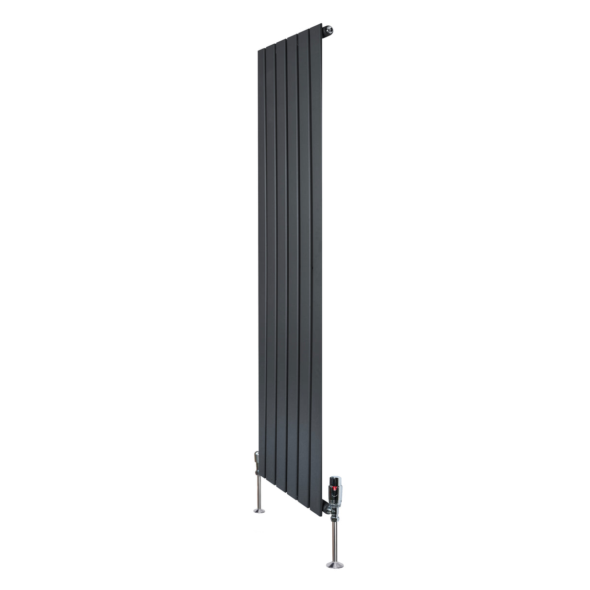 Radiador plano de columna simple en gris antracita, con diseño vertical y válvulas, ideal para espacios modernos y elegantes