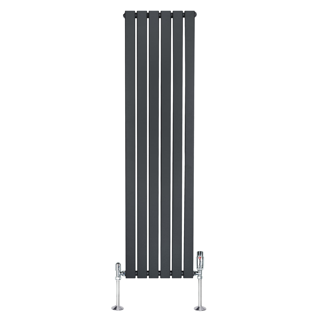 Radiador plano de columna simple en gris antracita, con válvulas, diseño vertical y acabado liso, ideal para espacios modernos