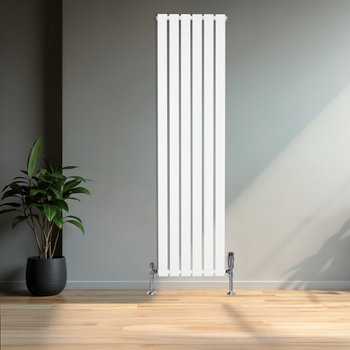 Radiador plano de columna simple blanco de 1600 x 420 mm con válvulas, elegante diseño vertical y acabado liso, ideal para espacios modernos