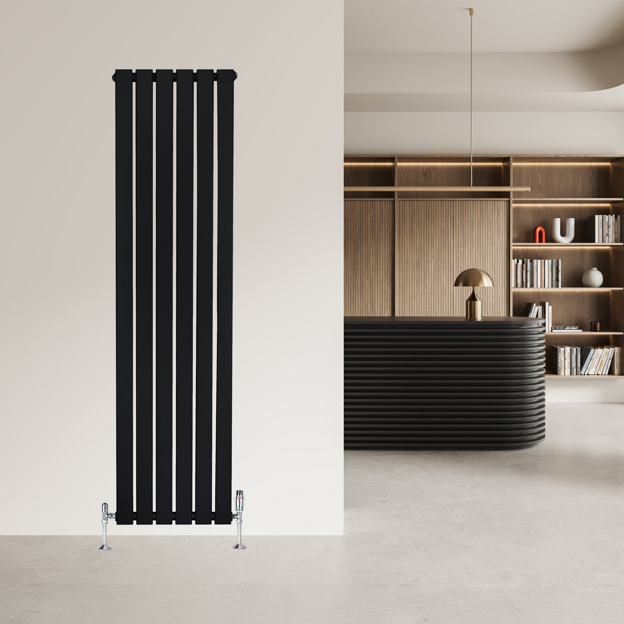 Radiador plano de columna simple negro de 1600 x 420 mm, con diseño moderno y válvulas visibles, ideal para decoración contemporánea